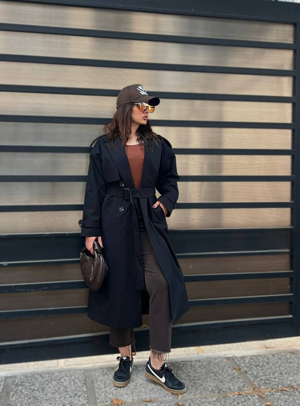 بارانی زنانه مشکی بلند کتان آستردار